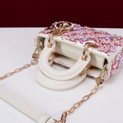 DIOR LADY D-JOY MICRO TASCHE AUS WEISSEM KALBSLEDER MIT ROSA BLUMENSTICKEREI UND STRASS