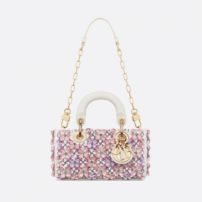 DIOR LADY D-JOY MICRO TASCHE AUS WEISSEM KALBSLEDER MIT ROSA BLUMENSTICKEREI UND STRASS