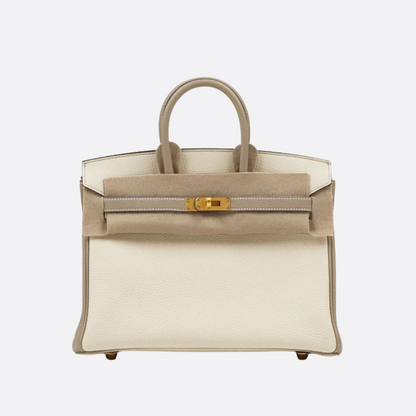 HERMÈS BIRKIN 25 HSS CRAIE/GRIS TOURTERELLE AUS TOGO-LEDER MIT GEBÜRSTETER GOLDENER HARDWARE